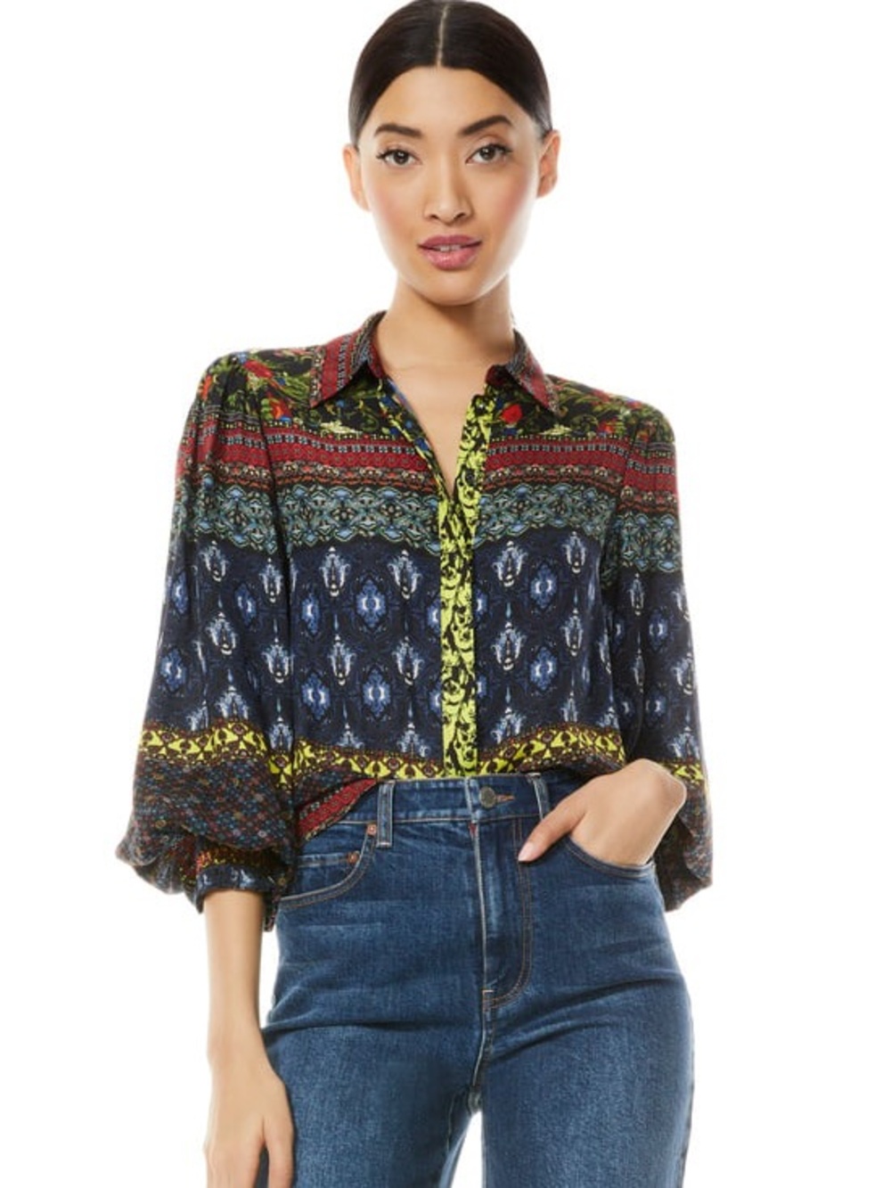 Alice + Olivia Willa Silk Blouson Sleeve Blouse Small Multicolor Mixed Print